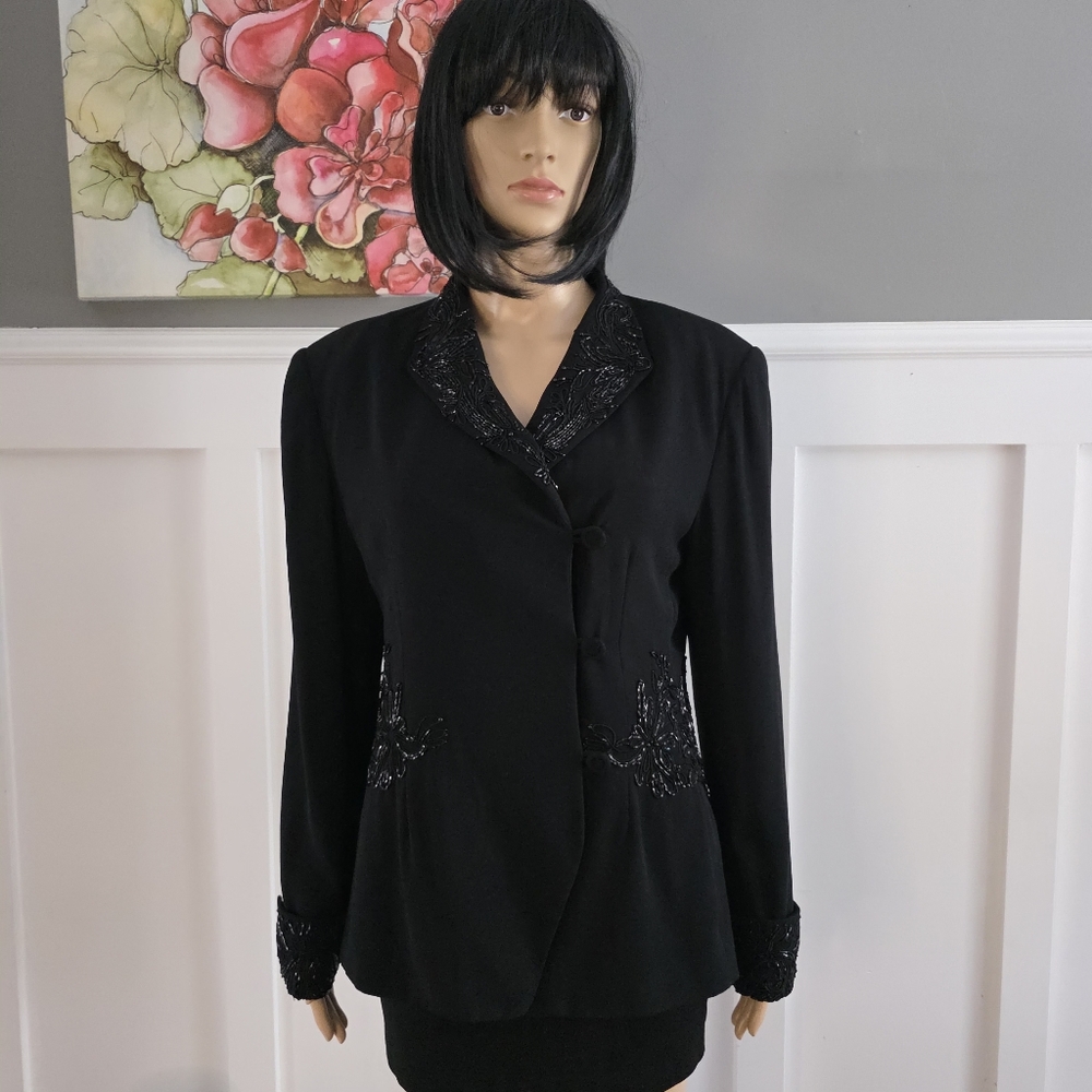 Vintage ANNE KLEIN II Black Beaded Asian-Inspired Jacket/Blazer, Size 12, Goth